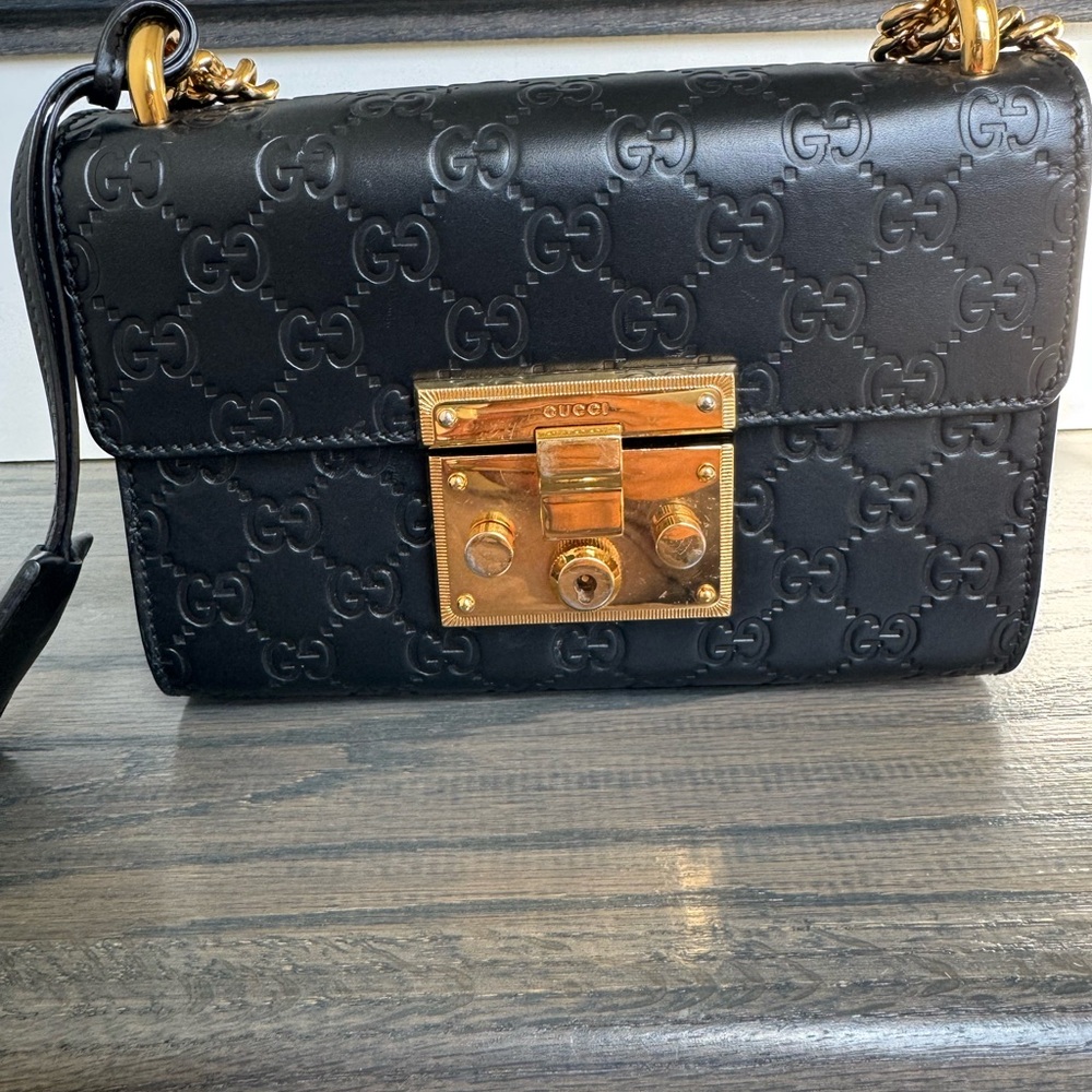 Gucci Black GG Embossed Leather Crossbody with Gold Lock Plate